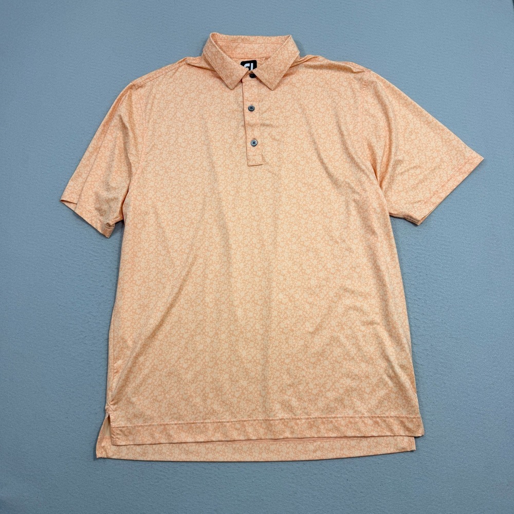 FootJoy Polo Mens Large Orange Floral Lisle Self Collar Short Sleeve Golf Shirt